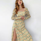 Damen Maxikleid mit ausgefallenem Blumenmuster und langen Puffärmeln R&B