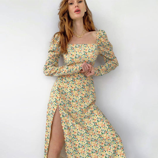 Damen Maxikleid mit ausgefallenem Blumenmuster und langen Puffärmeln R&B