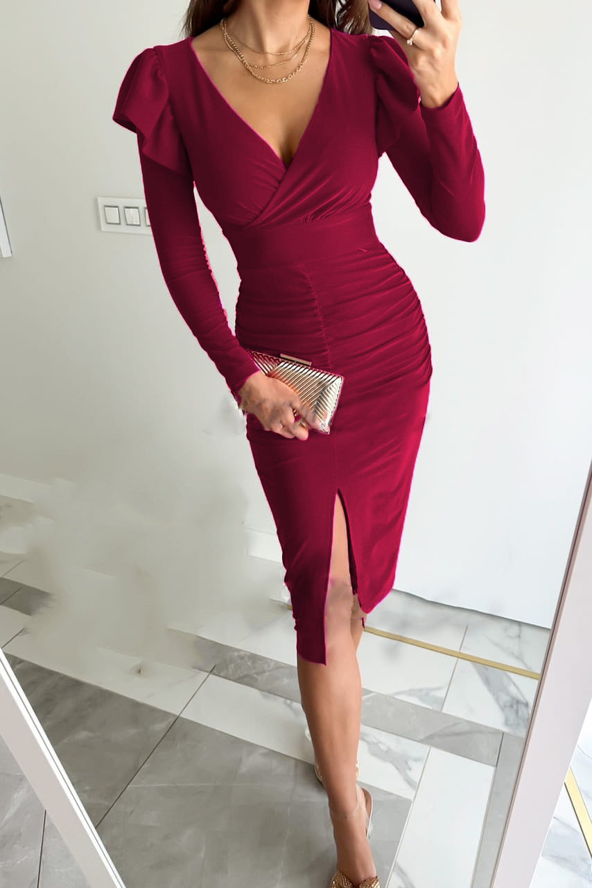 Damen figurbetontes Wickelkleid mit Rüschendetails und seitlichem Schlitz R&B