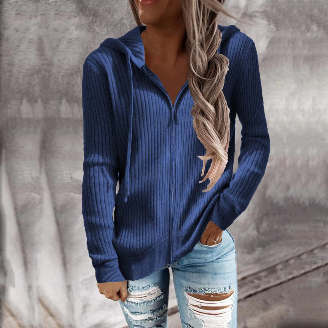 Damen nan gerippter Kapuzen-Zip-Hoodie mit halbem Reißverschluss und Kängurutaschen R&B