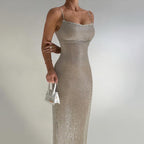Damen Maxi-Kleid aus funkelndem Strick mit schmalen Spaghettiträgern EB