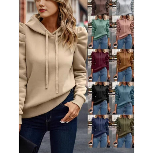Damen modischer Kapuzenpullover mit Puffärmeln und praktischen Taschen R&B