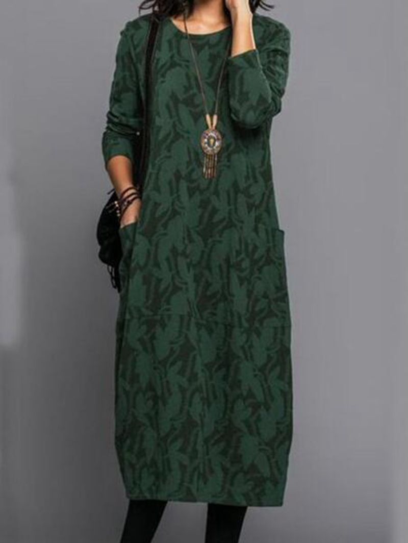 Damen Casual Kleid mit modernen Blätter-Druck und praktischen Taschen Heidi-Mode