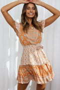 Damen floral gemusterte Sommerkleid mit V-Ausschnitt und Rüschensäumen R&B