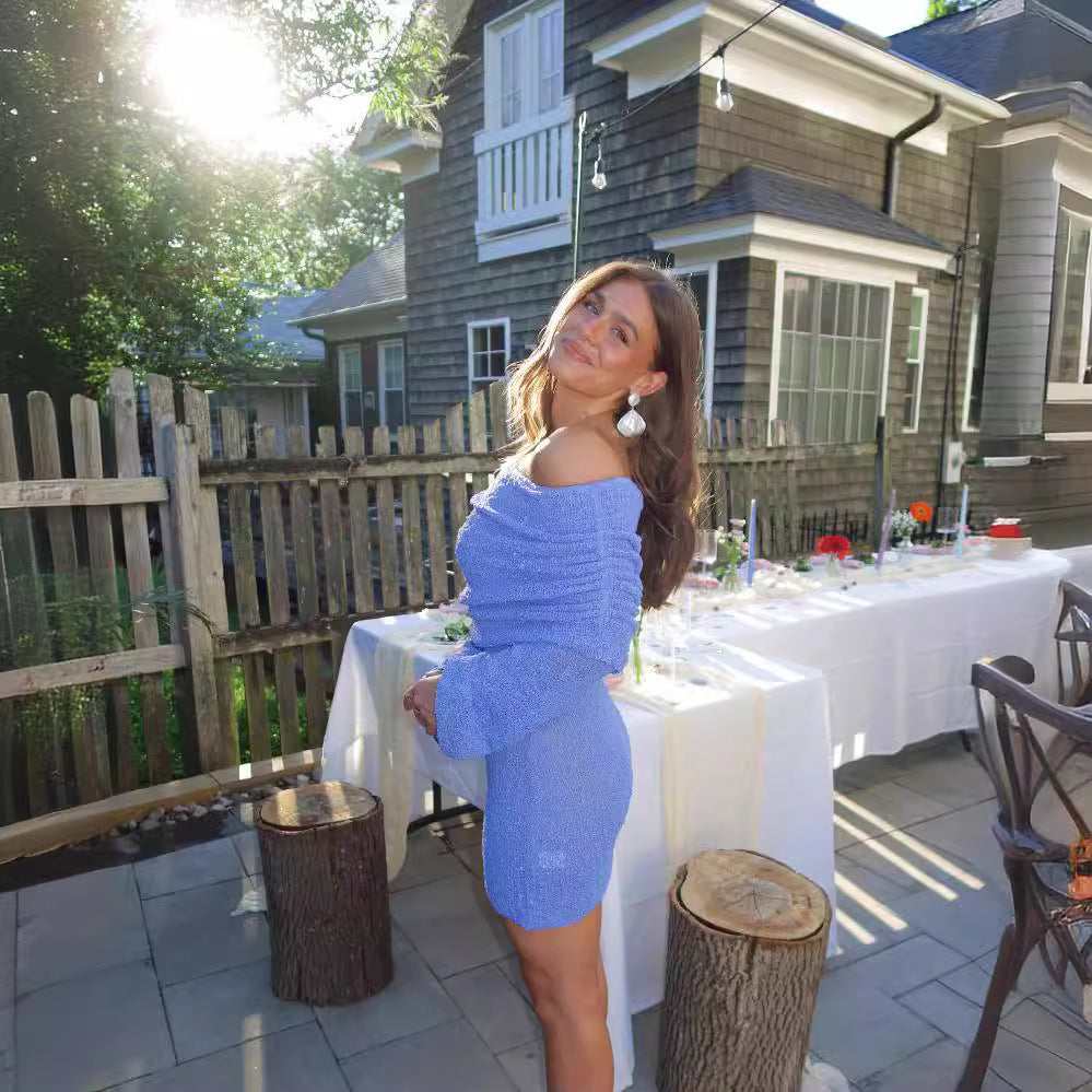 Damen Off-Shoulder Minikleid mit Rüschendetails und elastischem Bund R&B