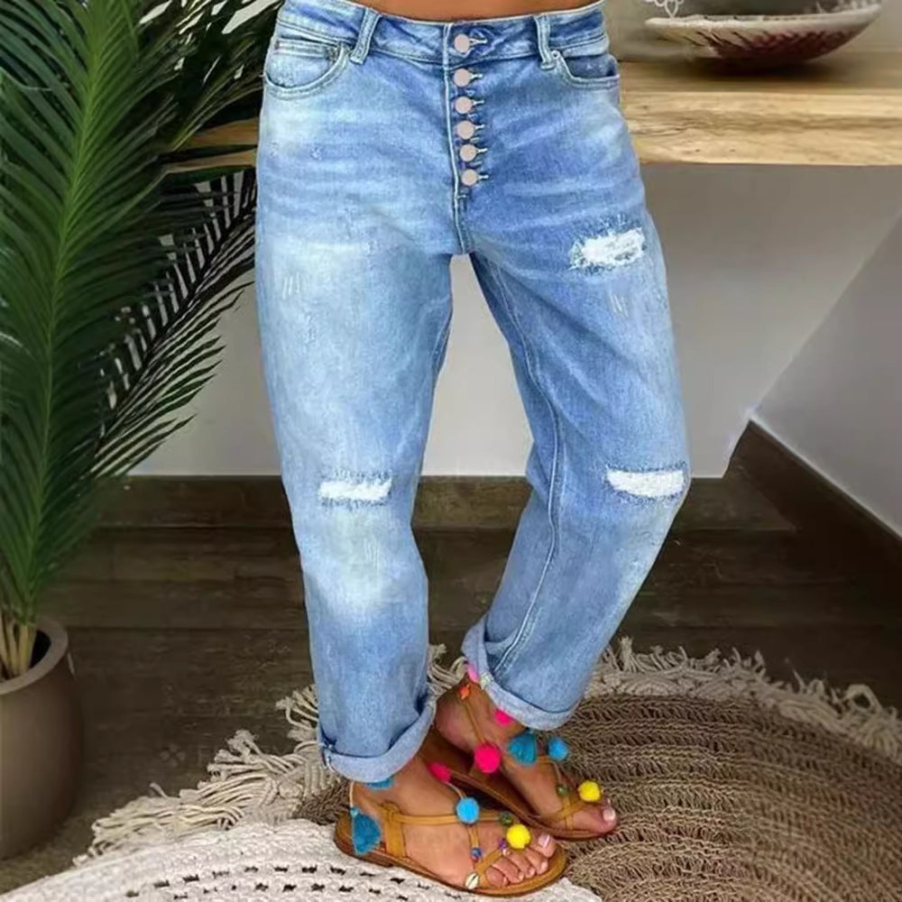 Damen Boyfriend Jeans mit Knopfverschluss und Distressed-Details R&B