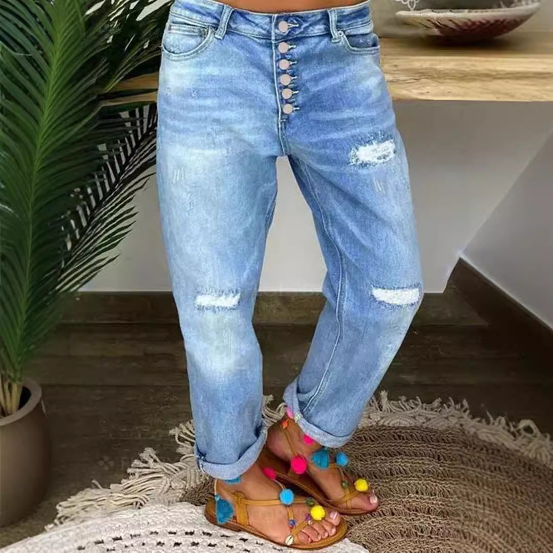 Damen Boyfriend Jeans mit Knopfverschluss und Distressed-Details R&B