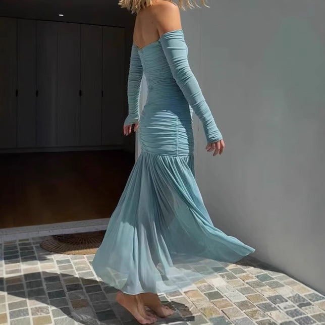 Damen Elegantes Off-Shoulder Maxikleid mit figurbetontem Design und fließendem Rock R&B