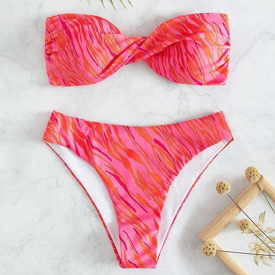 Damen Bandeau-Bikini mit Volant und geschmackvollem Muster R&B