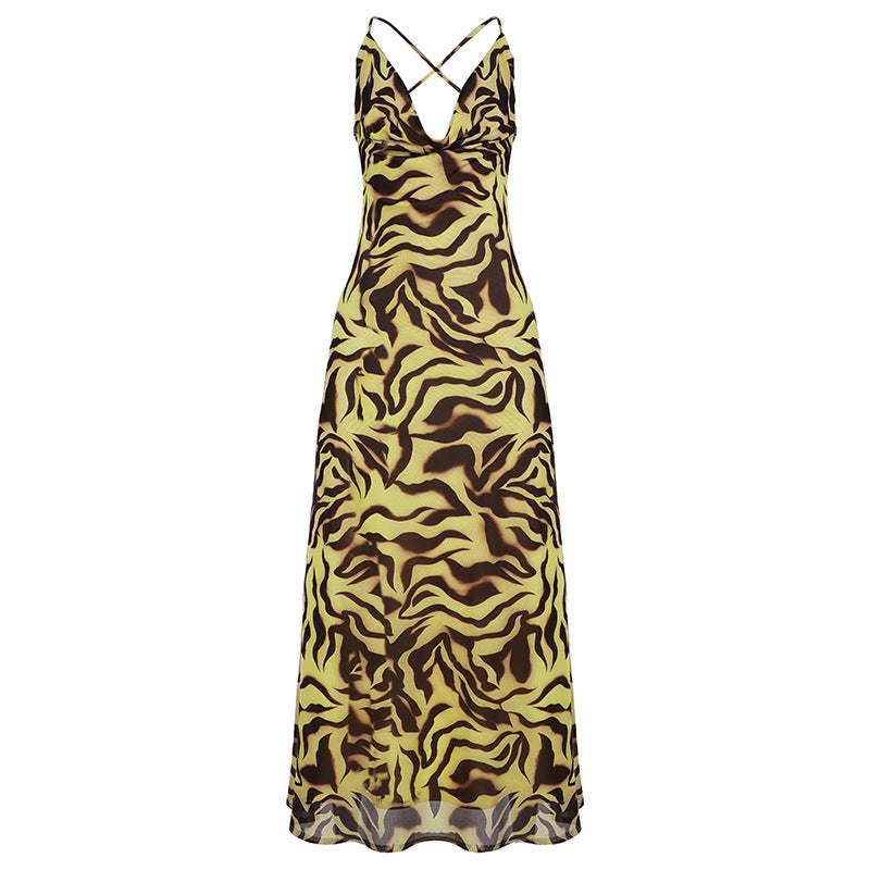 Damen Maxikleid im trendigen Tigerprint-Design mit verführerischem V-Ausschnitt und Spaghetti-Trägern R&B