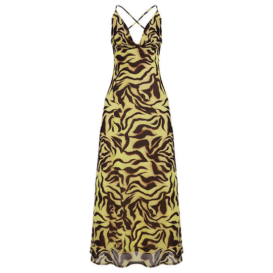 Damen Maxikleid im trendigen Tigerprint-Design mit verführerischem V-Ausschnitt und Spaghetti-Trägern R&B