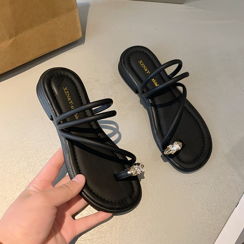 Damen elegante Flip-Flops mit modischem Zierstein und geschwungenem Riemendesign EB