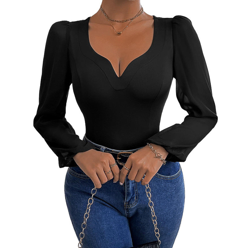 Damen Eleganter Body mit romantischen Puffärmeln und V-Ausschnitt R&B