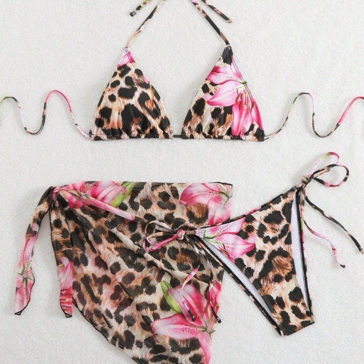 Damen Bikini-Set mit elegantem Leopardenmuster und verspielten Blumendetails R&B