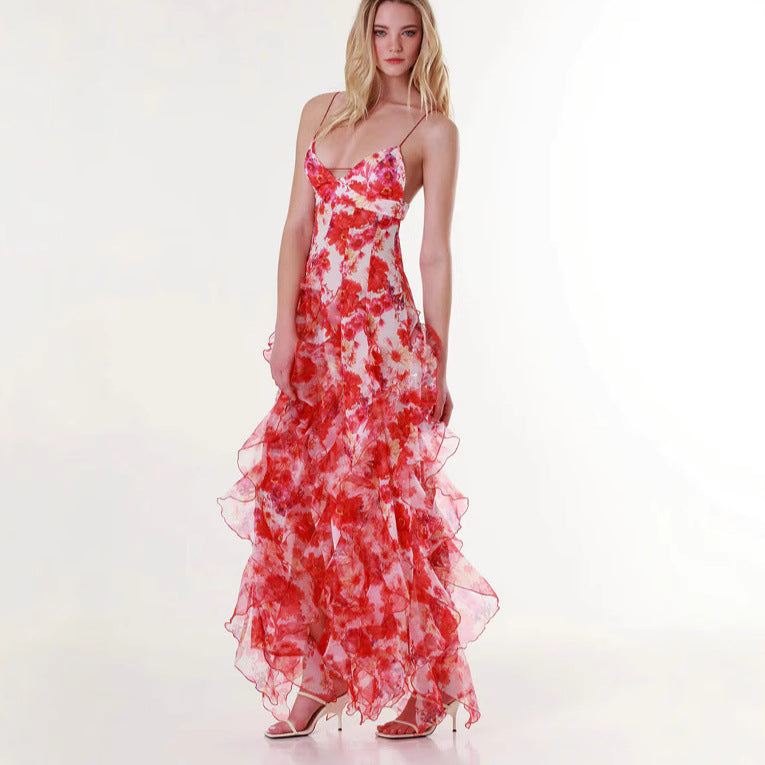 Damen Fließendes Chiffon Maxikleid mit Rüschendetails und floralen Akzenten EB