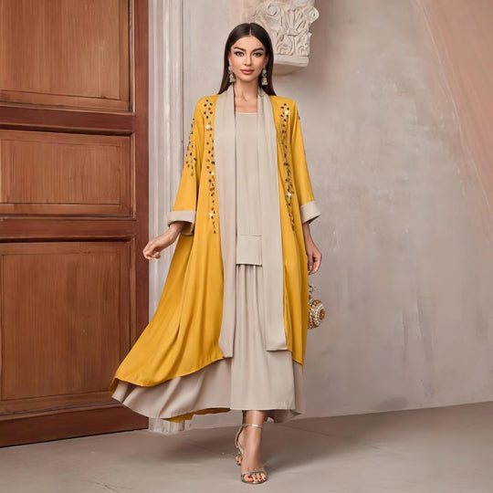 Damen Langarm-Kimono mit dekorativen Applikationen und asymmetrischem Saum R&B