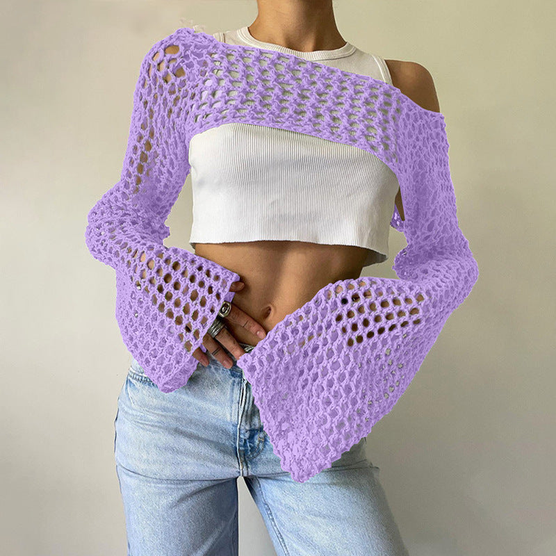 Damen gehäkeltes Langarm-Top mit Off-Shoulder-Design R&B