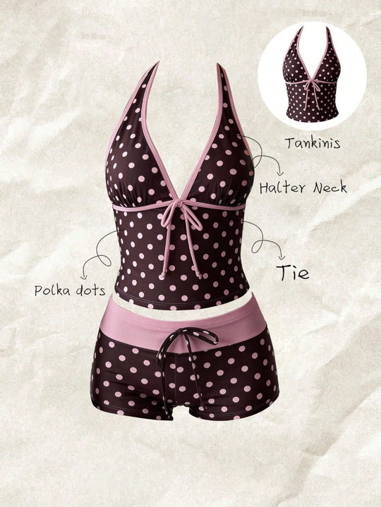 Damen Tankini mit modischem Punktmuster und verstellbarem Halter R&B