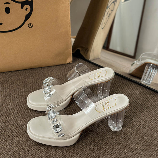 Damen Glamouröse Plateau-Sandalen mit durchsichtigen Riemen und funkelnden Kristall-Akzenten R&B