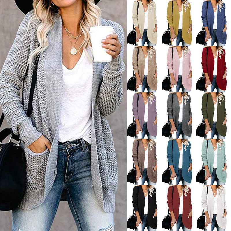 Damen lässige Strickjacke mit offenen Ärmeln und praktischen Taschen R&B