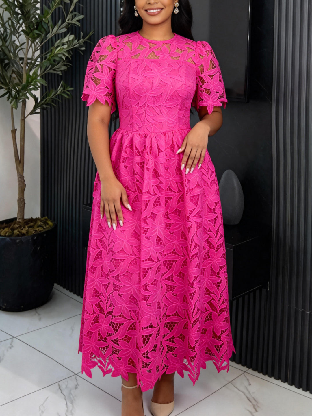 Damen Spitzen-Maxikleid mit floralem Design R&B