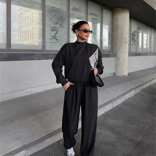 Damen lässiges und modisches Strick-Set mit Rippstruktur und weitem Bein R&B