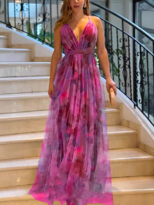 Damen Elegantes Maxikleid mit tiefem V-Ausschnitt und luftigen Stoffschichten R&B