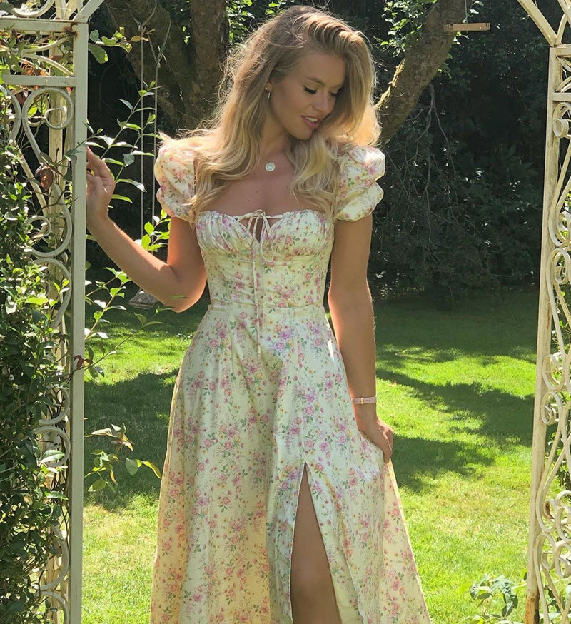 Damen Maxi-Kleid mit Puffärmeln und floralem Design R&B