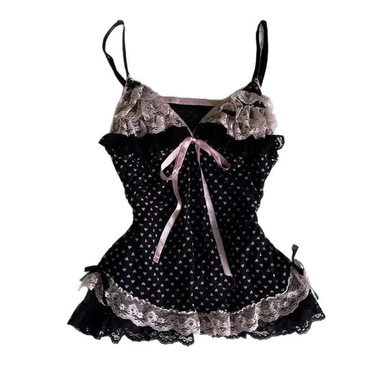 Damen verführerisches Schlafkleid mit Spitzenbesatz und Rüschendetails R&B