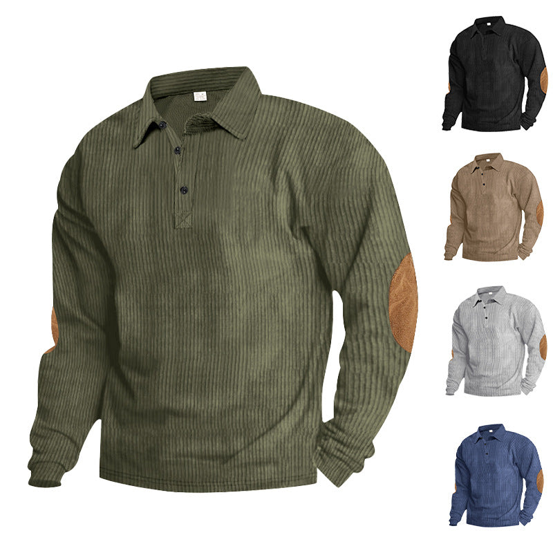 Herren lässiges Langarm-Henley-Shirt mit strukturiertem Rippenstoff und kontrastierenden Ellbogenpatches R&B