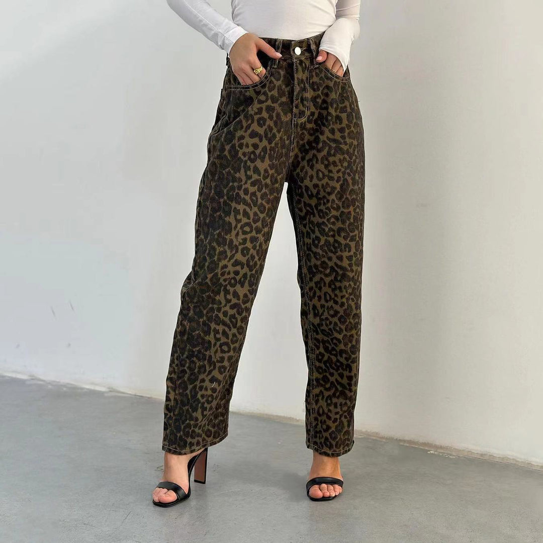 Damen Leo-Print Jeanshose mit hoher Taille und geradem Schnitt R&B