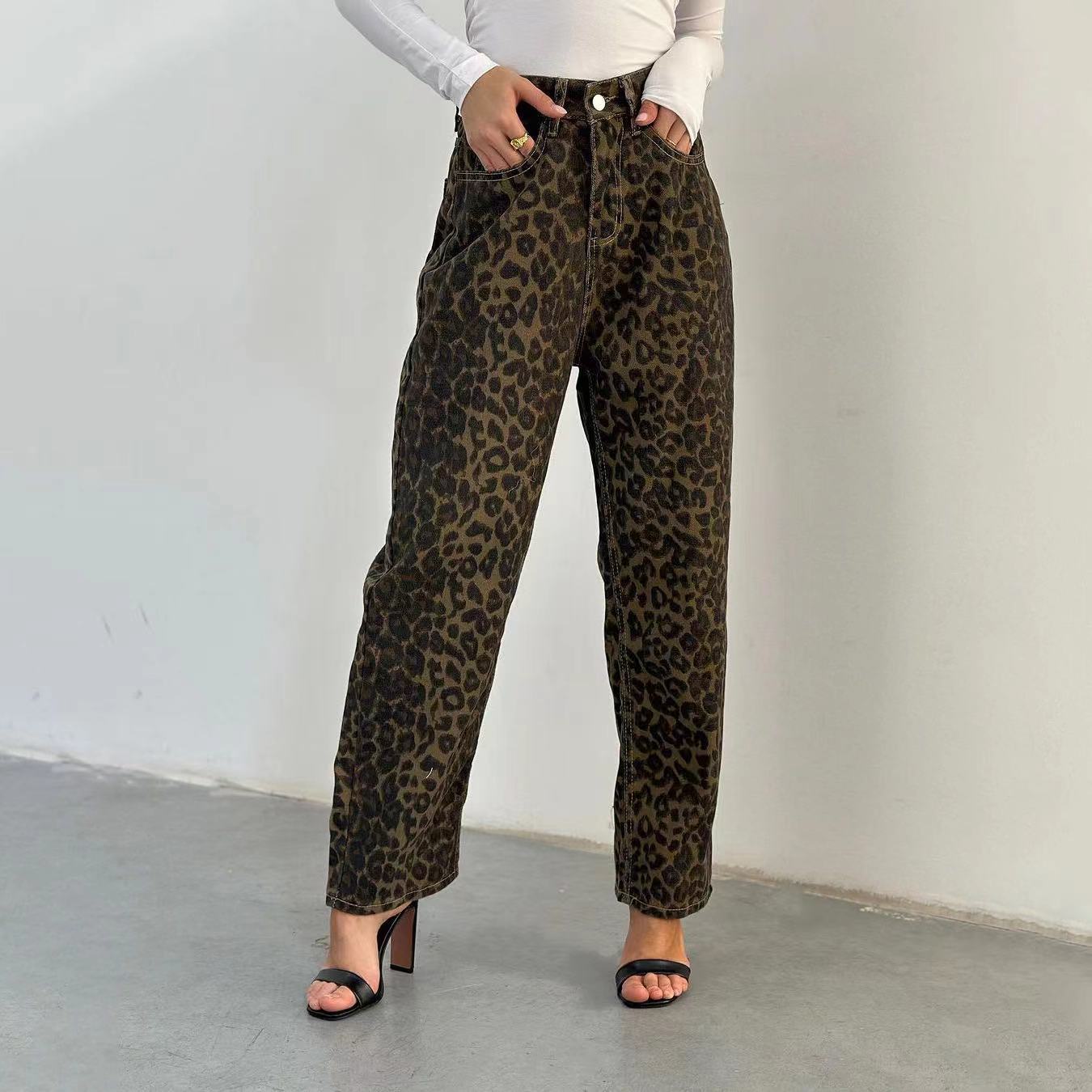 Damen Leo-Print Jeanshose mit hoher Taille und geradem Schnitt