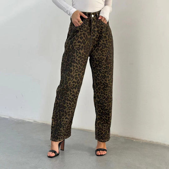 Damen Leo-Print Jeanshose mit hoher Taille und geradem Schnitt R&B