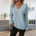 Damen lässiger V-Ausschnitt Pullover mit Knopfdetails und feinem Rippenmuster R&B