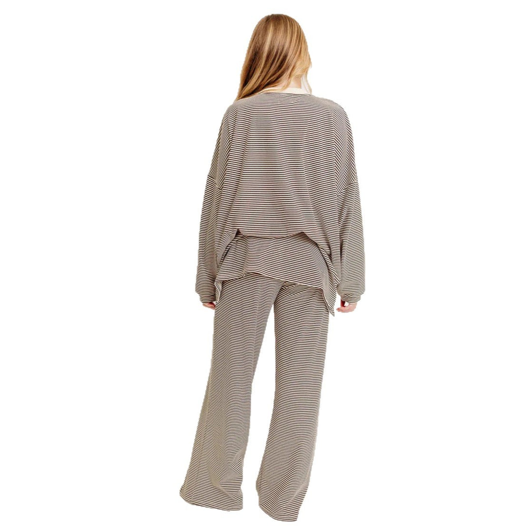 Damen nan gestreiftes Komfort-Set aus feinem Rippjersey mit Oversize-Pullover und weiter Bundhose R&B