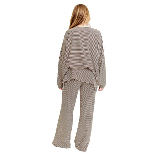 Damen nan gestreiftes Komfort-Set aus feinem Rippjersey mit Oversize-Pullover und weiter Bundhose R&B