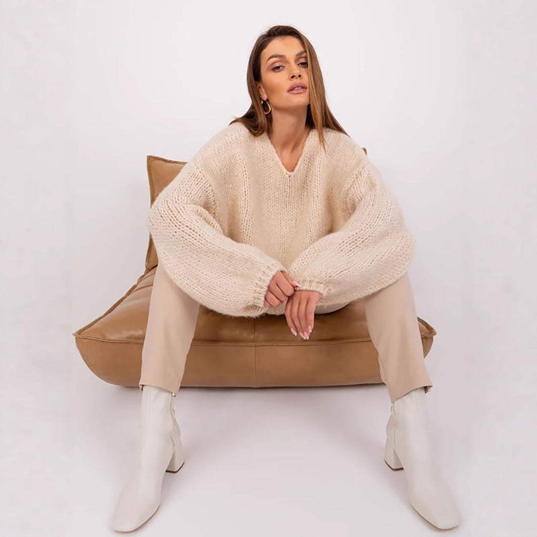Damen gemütlicher Oversize-Strickpullover mit voluminösen Ärmeln und strukturiertem Design R&B