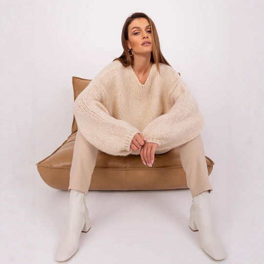 Damen gemütlicher Oversize-Strickpullover mit voluminösen Ärmeln und strukturiertem Design R&B
