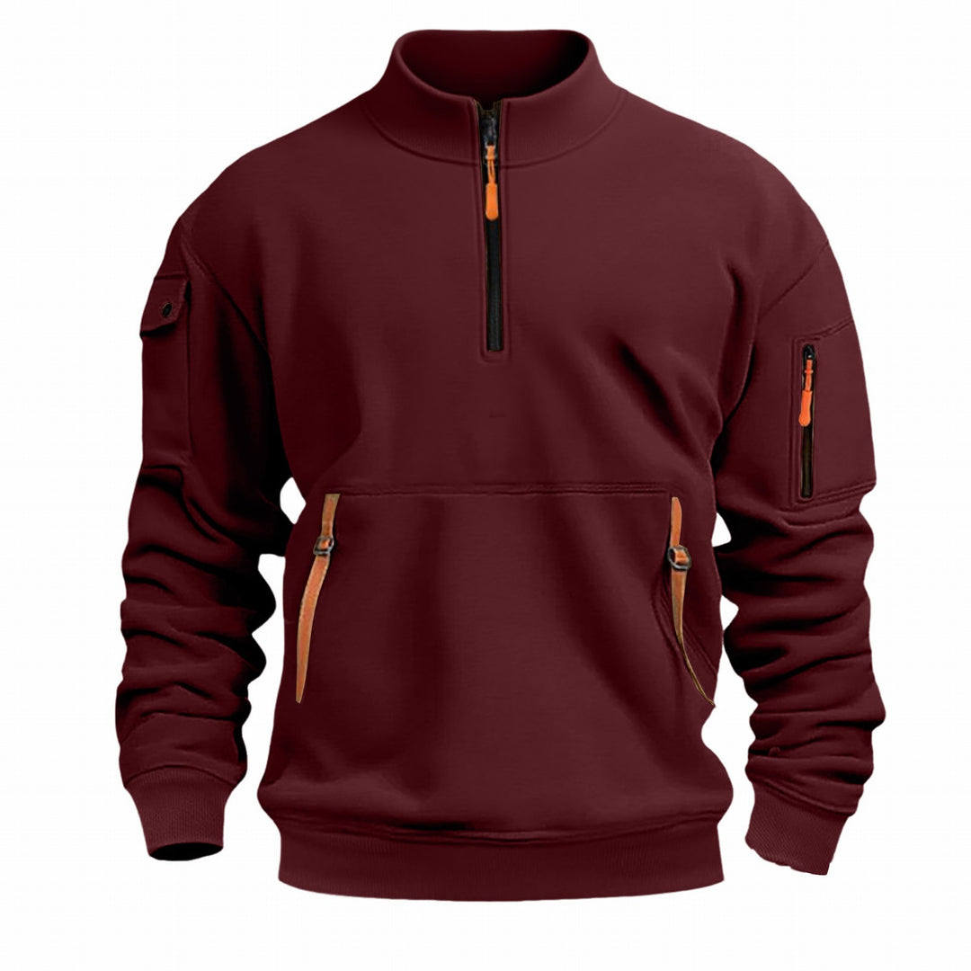 Herren nan Sweatshirt mit Stehkragen, halbem Reißverschluss, Kängurutasche und Ärmeltasche R&B