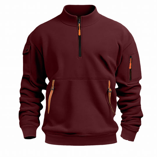 Herren nan Sweatshirt mit Stehkragen, halbem Reißverschluss, Kängurutasche und Ärmeltasche R&B