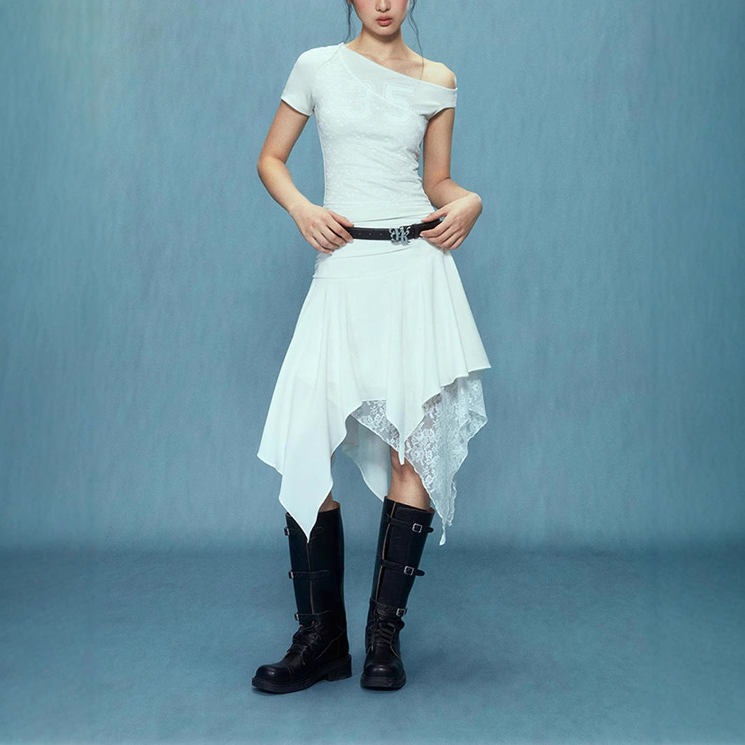 Damen asymmetrischer Spitzenrock mit Raffung und elegantem Design R&B