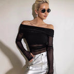 Damen Offshoulder Langarm-Top aus transparentem Netzmaterial R&B