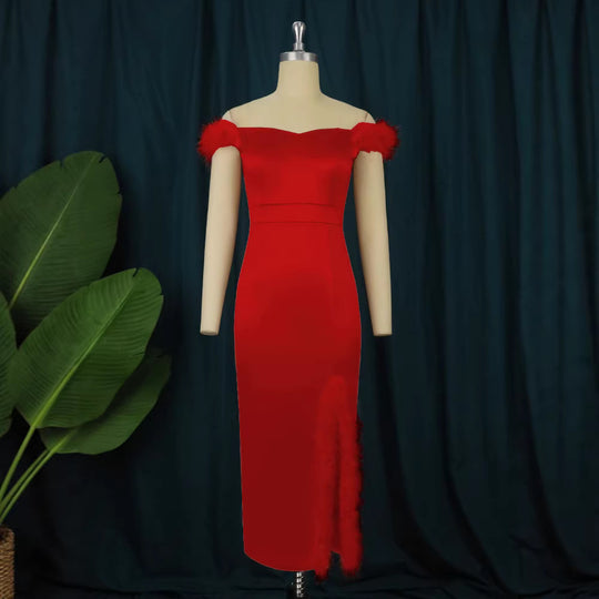 Damen elegantes Abendkleid mit raffinierter Feder-Verzierung R&B