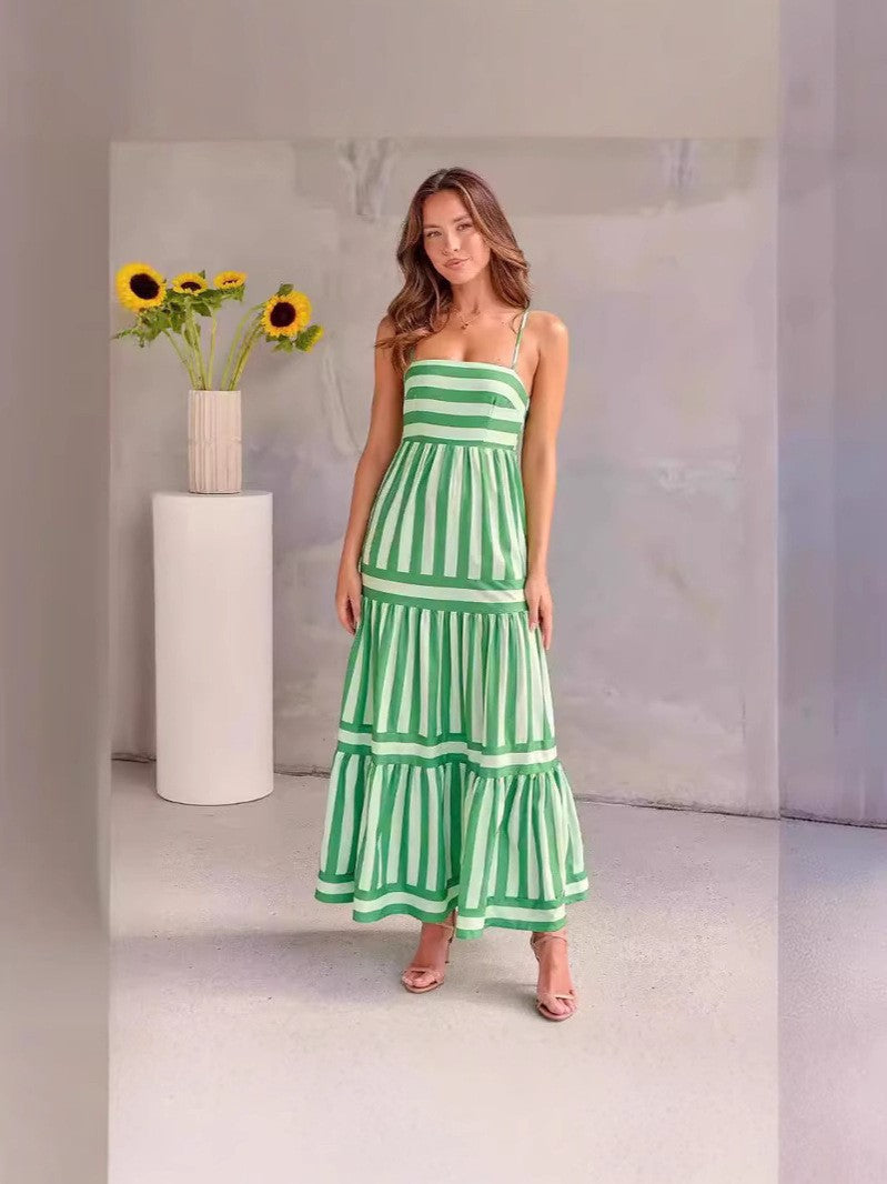 Damen Maxi-Kleid mit Streifenmuster und tiefem Ausschnitt R&B