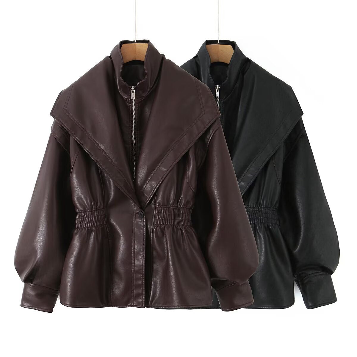 Damen Kunstlederjacke mit asymmetrischem Kragen und tailliertem Schnitt R&B
