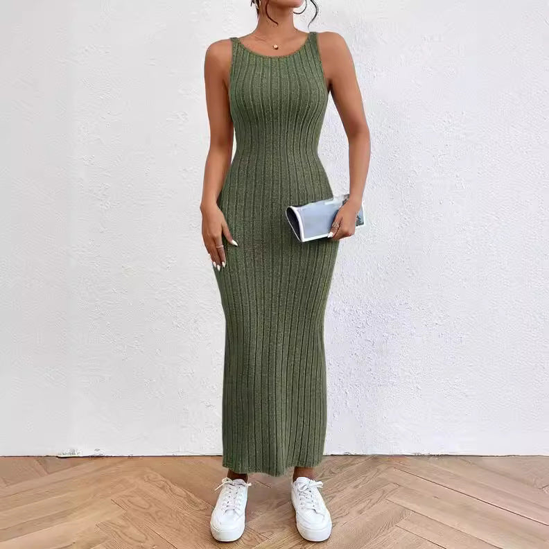 Damen figurbetontes Langarm-Maxikleid mit Rippenstruktur und Rundhalsausschnitt R&B