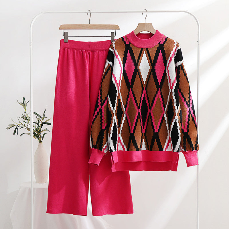 Damen modisches Strick-Loungewear-Set mit geometrischem Muster und weitem Schnitt R&B