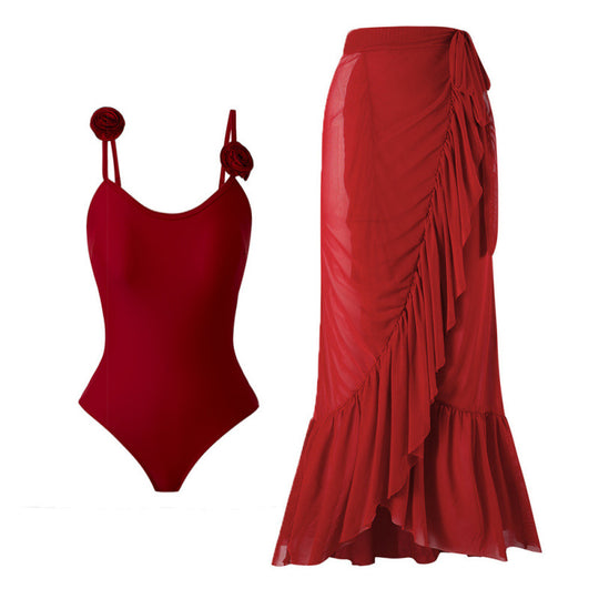 Damen Einteiler Badeanzug mit dekorativen Blumenapplikationen und elegantem Wickelrock R&B