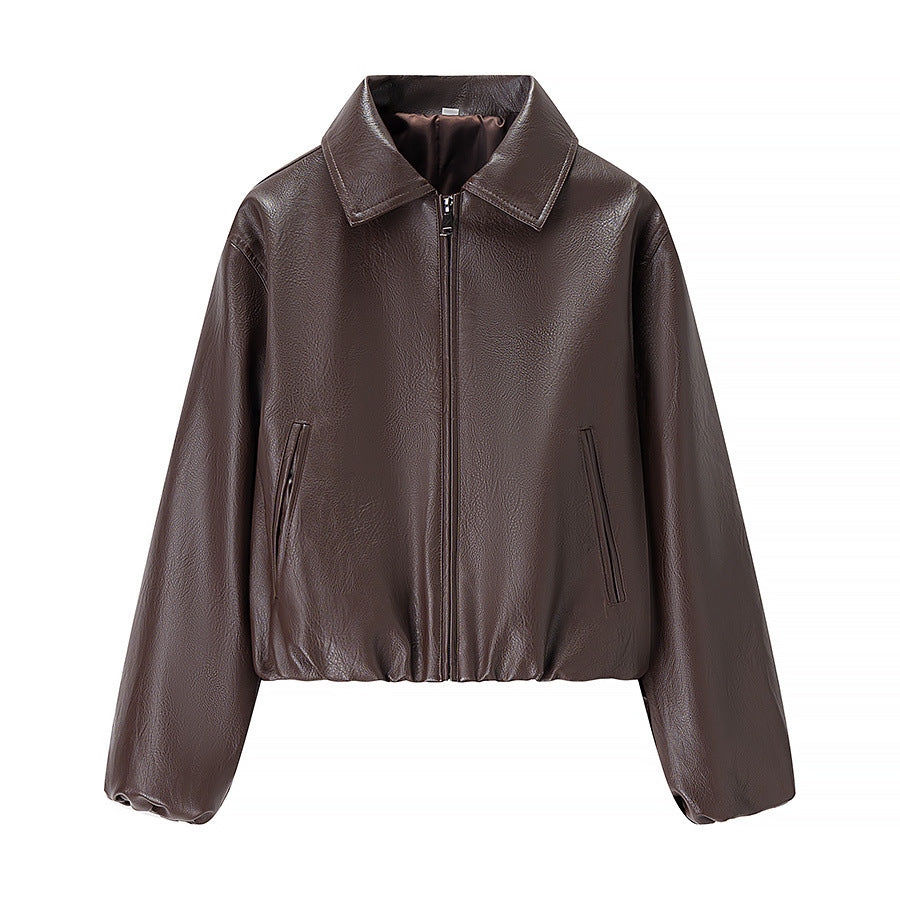 Damen nan kurze Glanz-Kunstlederjacke mit Hemdkragen, verdecktem Reißverschluss und elastischem Bund R&B