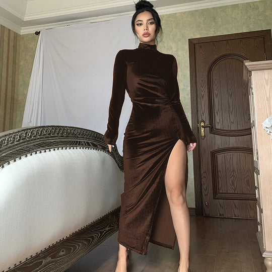 Damen Elegantes Langarm-Wickelkleid aus weichem Veloursstoff mit hohem Schlitz R&B